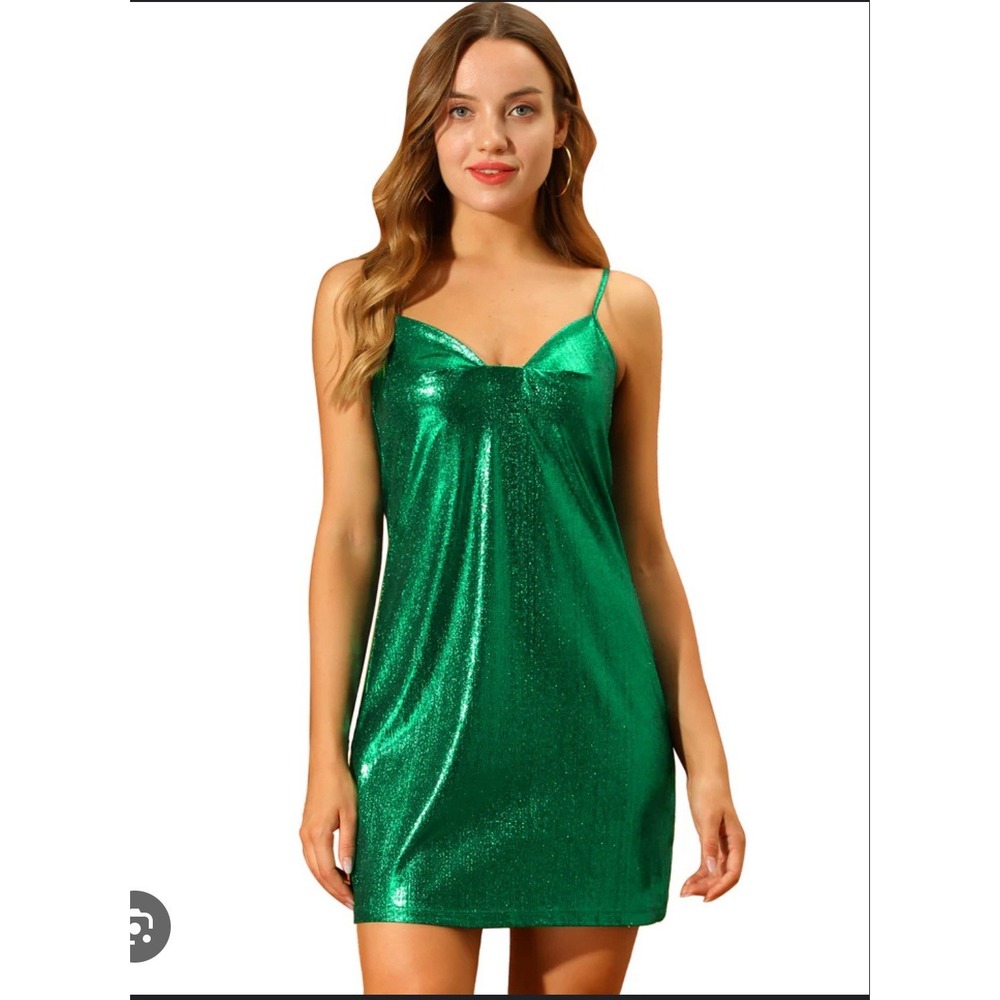 Allegra K Women's Sparkly Metallic Spaghetti Strap Party Mini Dress Green SIze L